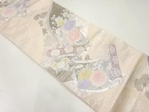 プラチナ箔二重織巻物に花模様織出し袋帯